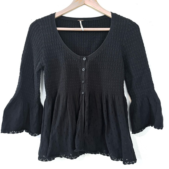Free People Sweaters - Free People Vintage Black Sweater Bell Sleeve Button Front split front Medium